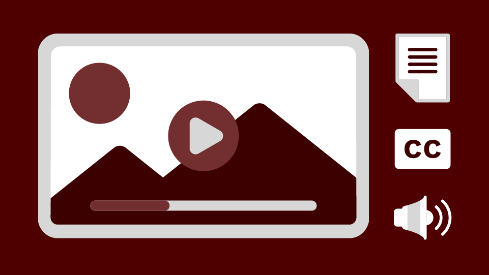 Illustration of a media player with closed captions, a speaker and a transcript 